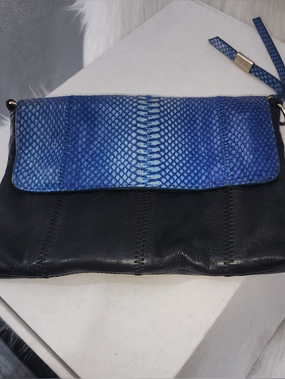 Blue Snakeskin Flap Black Leather Crossbody Clutch